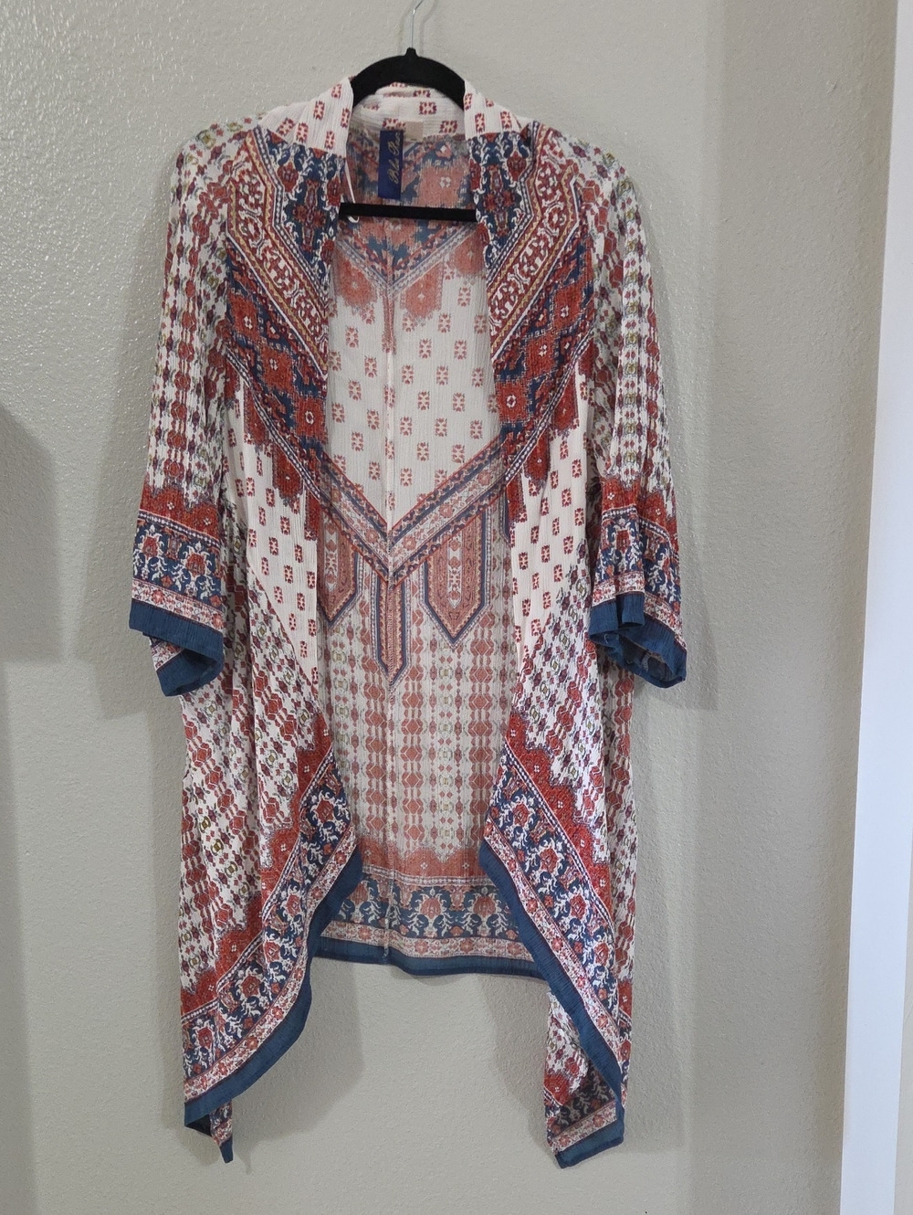 Blue Rain Boho Open-Front Kimono Duster Top - Blue and Rust Pattern